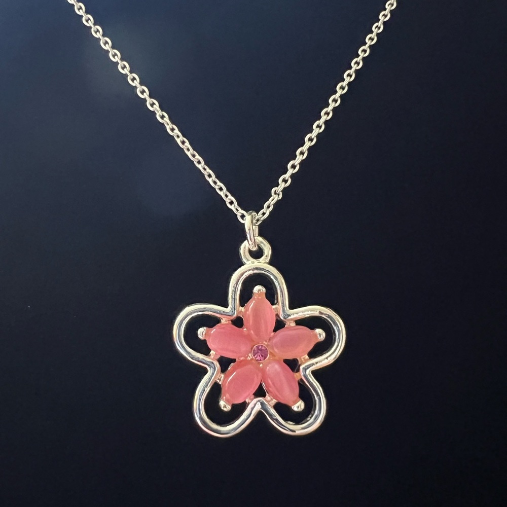 Y2K Plumeria Flower Pendant Necklace - Pink & Silver
